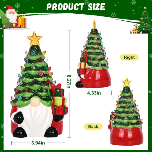 Ceramic Christmas Tree Gnome Decor with Lights Green 8 inch 2