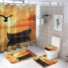 Ensemble rideau de douche coucher de soleil sur l'océan avec tapis et couvercle de toilette