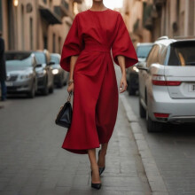 Rotes Damen-Maxikleid mit Rundhalsausschnitt, halblangen Ärmeln und einfarbiger Taille