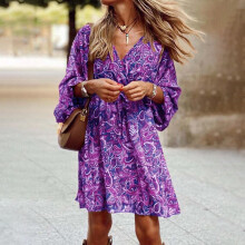 Damen-Midikleid im Boho-Stil mit Blumenmuster und V-Ausschnitt, Lila, Größe 3XL