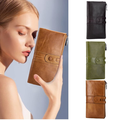 Women's leather vertical wallet RFID protection purple