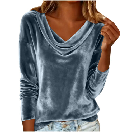 Blusa feminina lisa de manga comprida com gola drapeada. 1