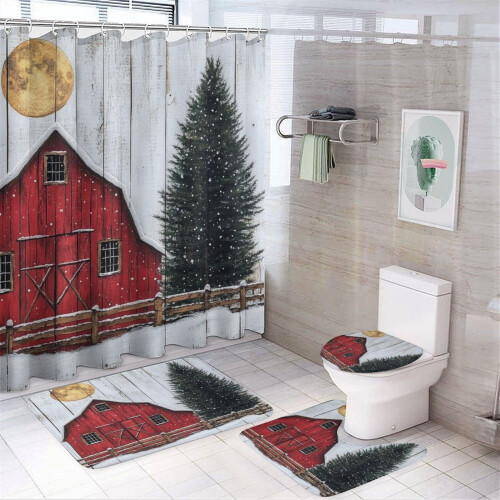 Ensemble de rideau de douche Red Barn Snowy Winter 4 pièces avec
