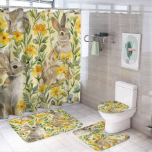 Ensemble rideau de douche imperméable 4 pièces à motif floral jaune lapin