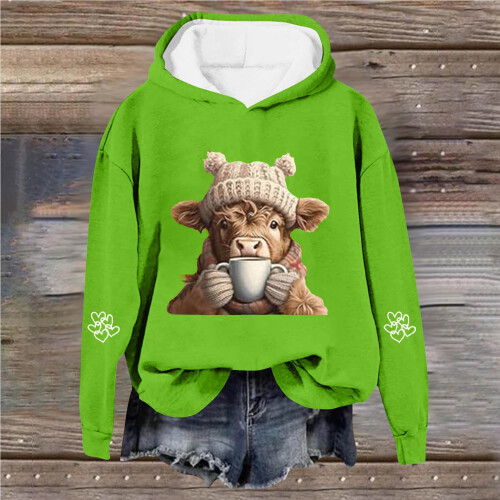 Damehættetrøje med koprint, grøn, oversized sweatshirt L 1