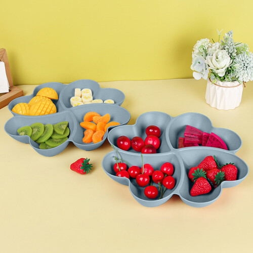 Bandeja plástica para lanches, ideal para uso doméstico, com compartimentos separados para nozes, frutas secas e doces.