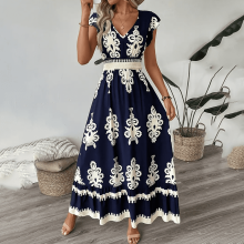 Női virágmintás, V-nyakú maxi ruha, kék, XL méret