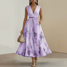 Damen-Maxikleid mit Blumenmuster, tiefem V-Ausschnitt, ärmellos, Lila, XXL