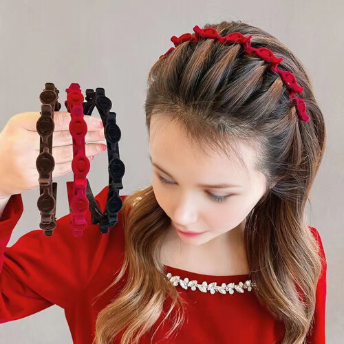 Braided Headband with Clips Multi-Tooth Design Red 3-Pack 1