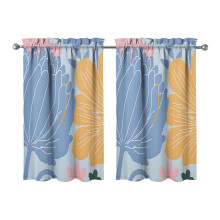 Vintage Blue Yellow Block Flower Kitchen Curtains 28x39