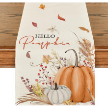 Camino de mesa otoñal con calabazas, flores y hojas 40x240 cm Naranja — decoración comedor, textiles hogar, mantel mesa