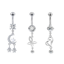 Heart Moon Cubic Zirconia Belly Ring Silver 14G