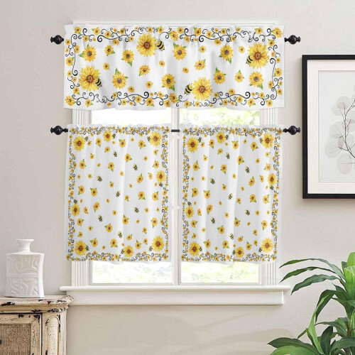 Yellow Bee Sunflower Kitchen Curtain Set 3-Piece