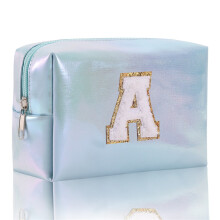 Blue Embroidered Cosmetic Travel Bag with Alphabet Design