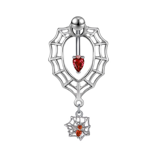 Spider Web Belly Button Ring Red Crystal 14G