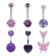 Belly Button Rings Purple Opal CZ 14G Banana Barbell 6 Pack
