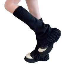 Sweet Ruffle Lace Trim Leg Warmers Knitted Boot Covers-Black