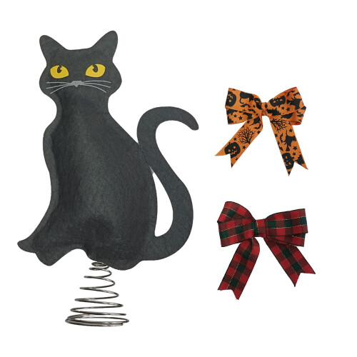 Black Cat Tree Topper with Stand and Interchangeable Bows