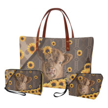 Aztec Highland Cow Sunflower Tote Bag Set PU Leather