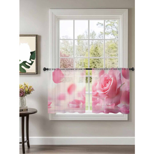 Pink Rose Sheer Curtains Voile 52x54 in 2 Panels 1