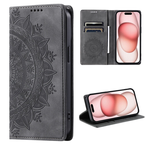 Flip-Wallet-Hülle für iPhone XR, graues geprägtes Leder