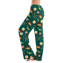 Women's Army Green Christmas Print Full-Length Pants