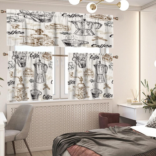 Rustic Coffee Tool Valance Curtains Wood Texture 54x18in + 2
