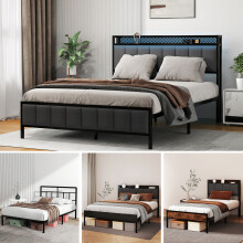 (Noir Double) Levede Bed Frame Metal Platform with Headboard Heavy Duty Home Furniture Storage