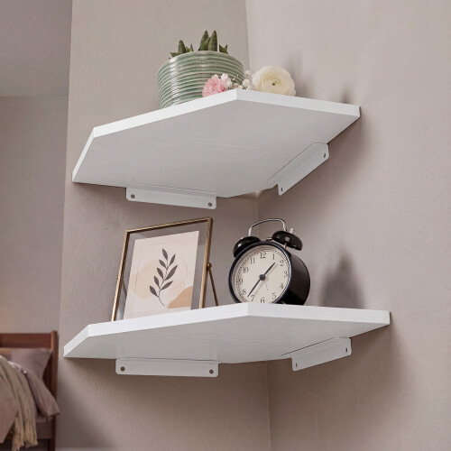Levede 2 Pack Floating Corner Shelves Cable Cut-Out Wall Mounted Storage White
