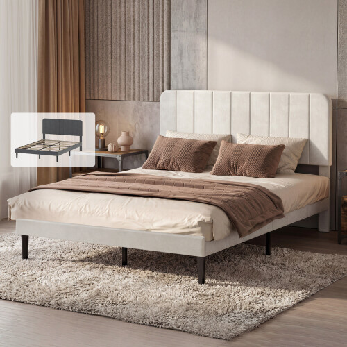(Dark Grey) Levede Double Bed Frame Upholstered Platform Bedframe Adjustable Headboard