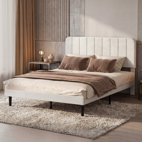 Levede Double Bed Frame Upholstered Platform Bedframe Adjustable Headboard White