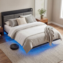 Levede Floating Bed Frame Double LED Lights Upholstered USB Storage Headboard