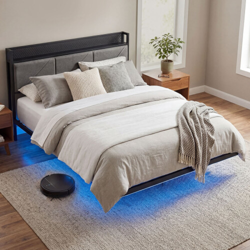 Levede Floating Bed Frame Double LED Lights Upholstered USB Storage Headboard