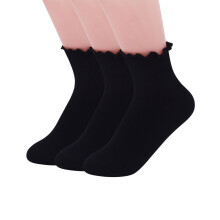Women Ankle Socks Lace Edge Solid Color 3 Pairs White