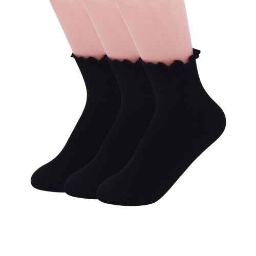 Women Ankle Socks Lace Edge Solid Color 3 Pairs White