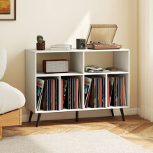 Stojan na gramofón, 3-úrovňové vinylové úložné police, biely