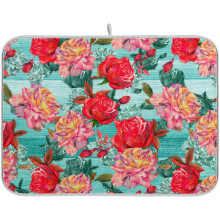 Tapis égouttoir à vaisselle en bois à motif floral rouge turquoise 40 x 45 cm