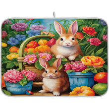Tapis égouttoir à vaisselle Lapin de Pâques et fleurs 45,7 x 61 cm (18 x 24 po) en polyester