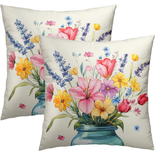Conjunto de 2 capas de almofada decorativas com estampa de flores da primavera, 56x56 cm (22x22 polegadas).