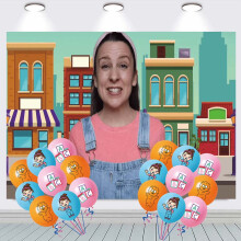 Ms Rachel festbakgrunnsbanner med ballonger
