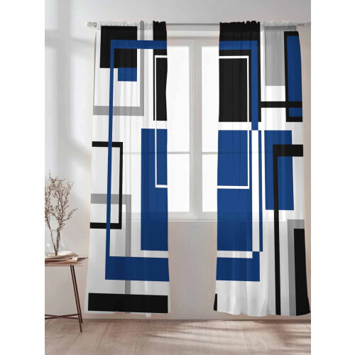 Sheer Curtains Abstract Black Blue Geometric Stripe 52x96 1