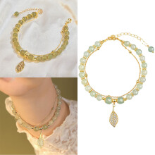Chinese-style gold branch jade beaded bracelet set for