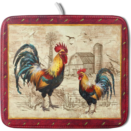 Tapete de secagem de pratos em formato de galo, vermelho, 40x45 cm (16x18 polegadas), em microfibra.