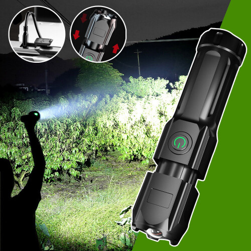 Lanterna LED recarregável via USB com zoom e múltiplos modos.