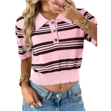 Dames Gestreepte Golfshirts met Korte Mouwen, Kraag, Preppy Gebreide Tops voor een Avondje Uit Roze L