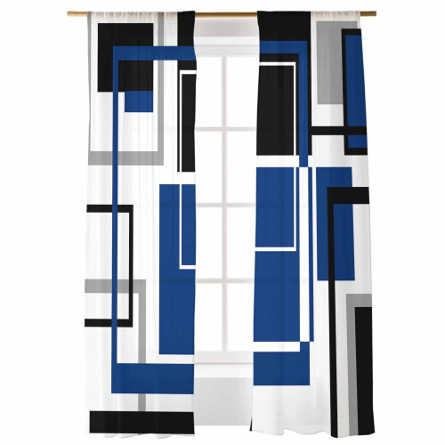 Sheer Curtains Abstract Black Blue Geometric Stripe 52x96