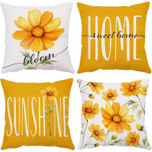 Housses de coussin Ă motif marguerite en velours jaune, 50 x 50 cm, lot de 4