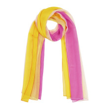 Lenço de chiffon amarelo e rosa, 160x50cm, poliéster leve.