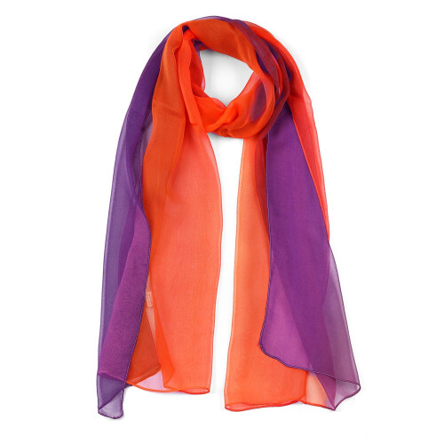 Lenço de chiffon laranja e roxo, 160x50cm, poliéster leve.