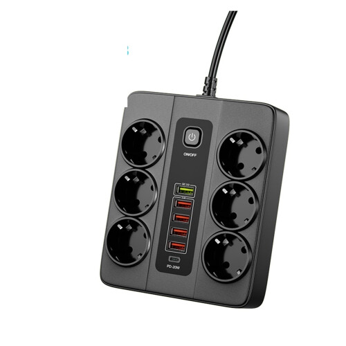 Régua de energia com 6 tomadas CA e 6 portas USB, 3000 W, 2 m